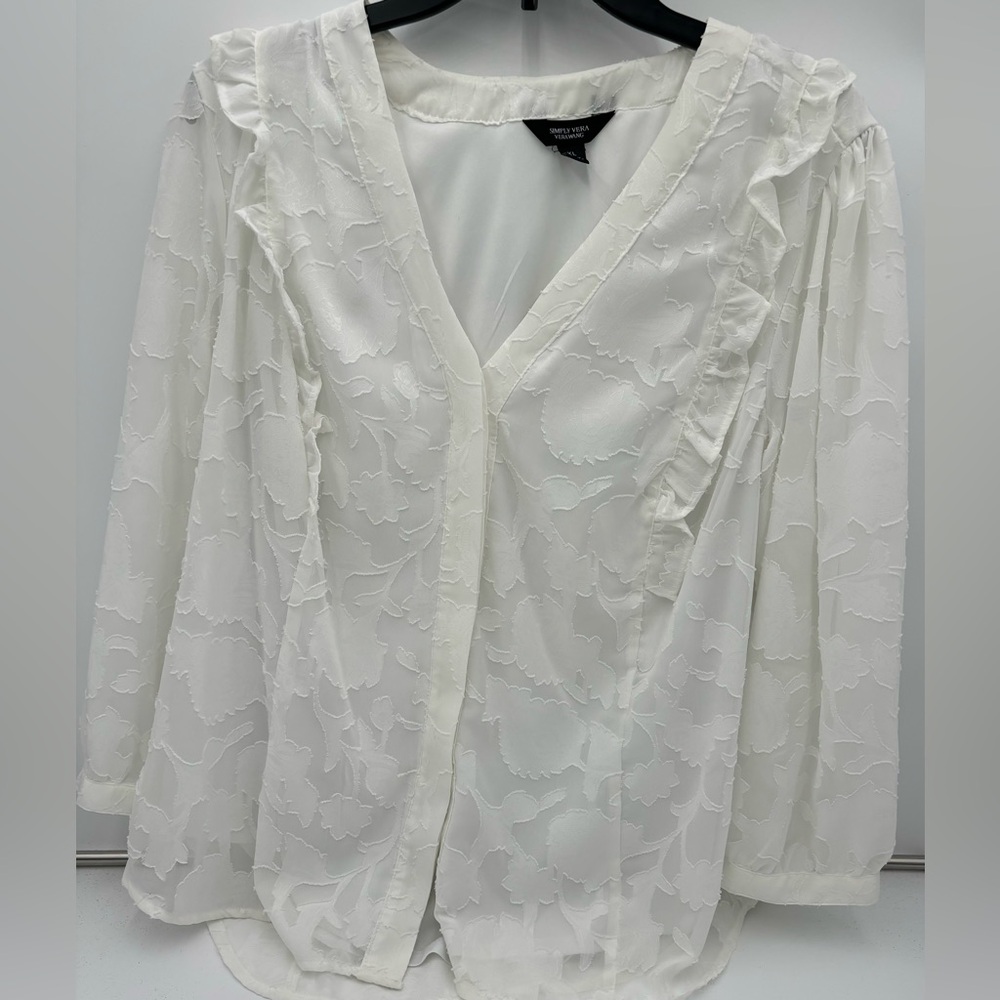Simply Vera Wang Floral Blouse White V-Neck Sheer 3/4 Sleeves size XL